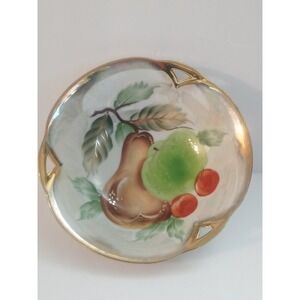 Vtg Iridescent Open Lace Fruit Bowl Gold Trim Pear Appe Peach Hand Painted Japan